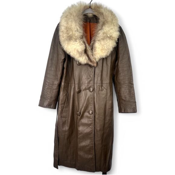 Vintage 60's-70's Penny Lane Jacket leather trench coat Fur Collar Women's M
